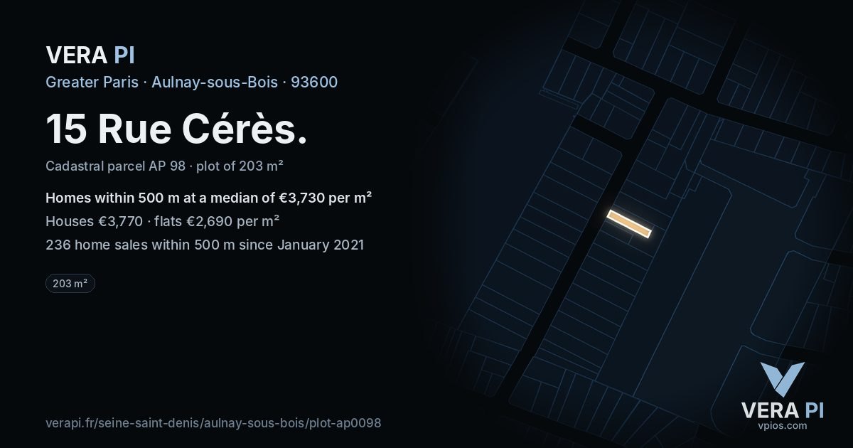 15 Rue Cérès, Aulnay-sous-Bois at night – the plot lit, the parcels around coloured by the prices near them