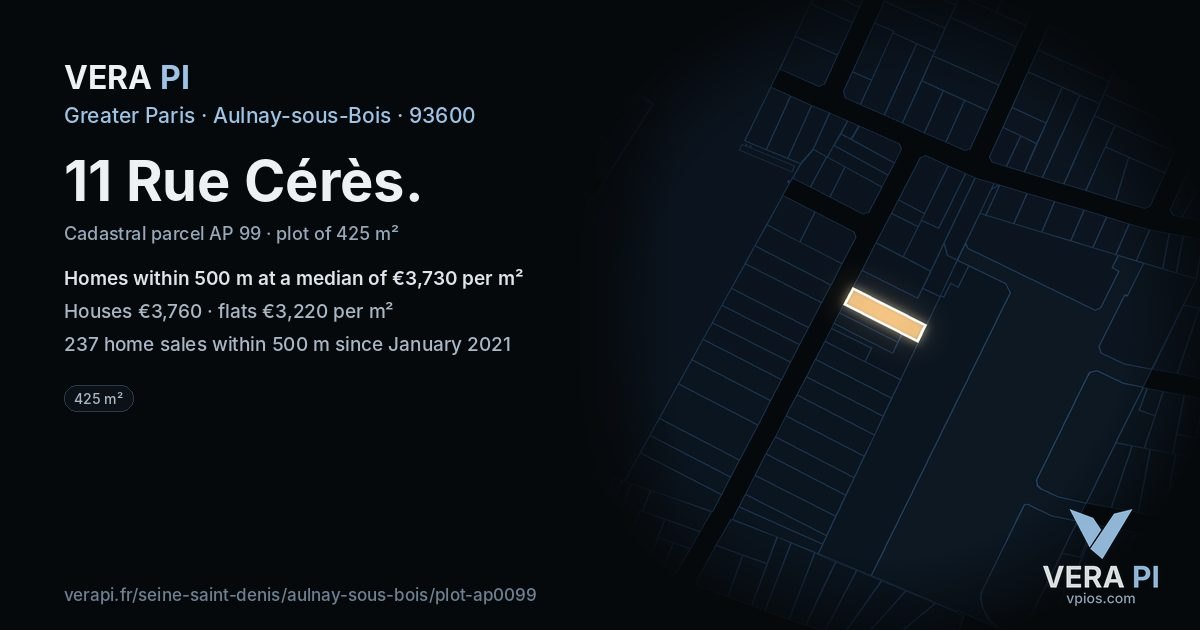 11 Rue Cérès, Aulnay-sous-Bois at night – the plot lit, the parcels around coloured by the prices near them