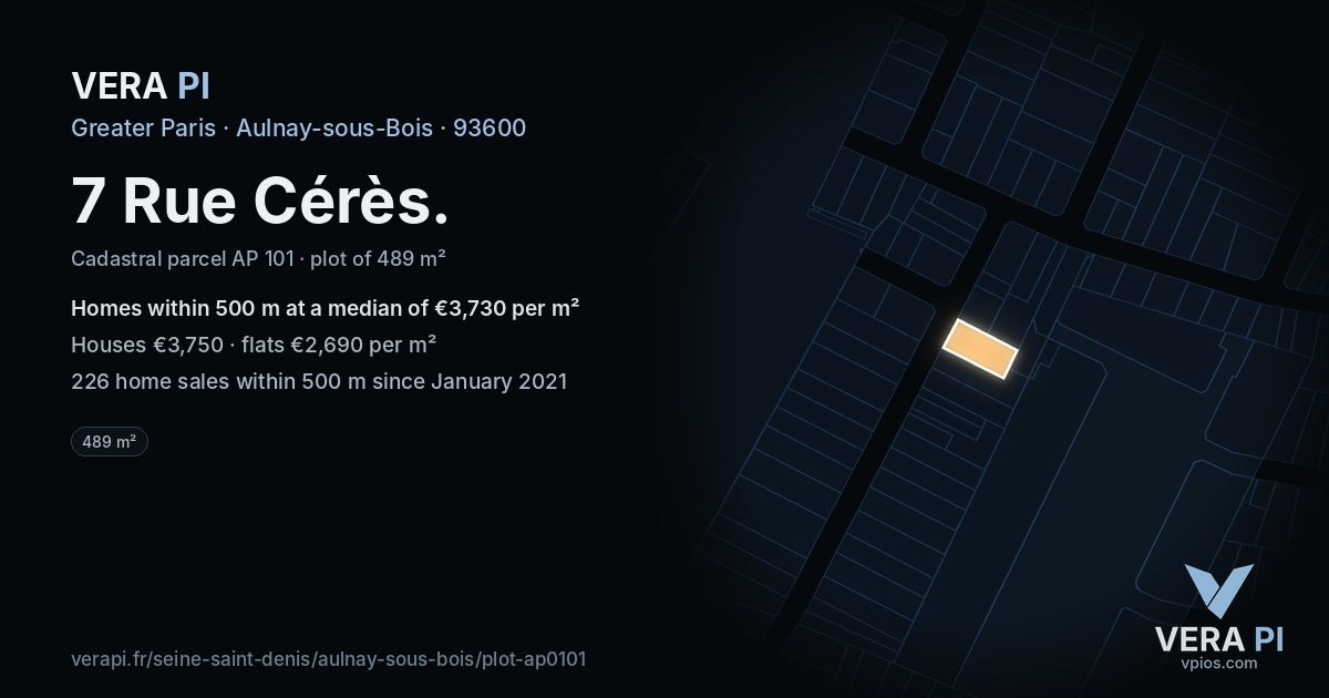 7 Rue Cérès, Aulnay-sous-Bois at night – the plot lit, the parcels around coloured by the prices near them