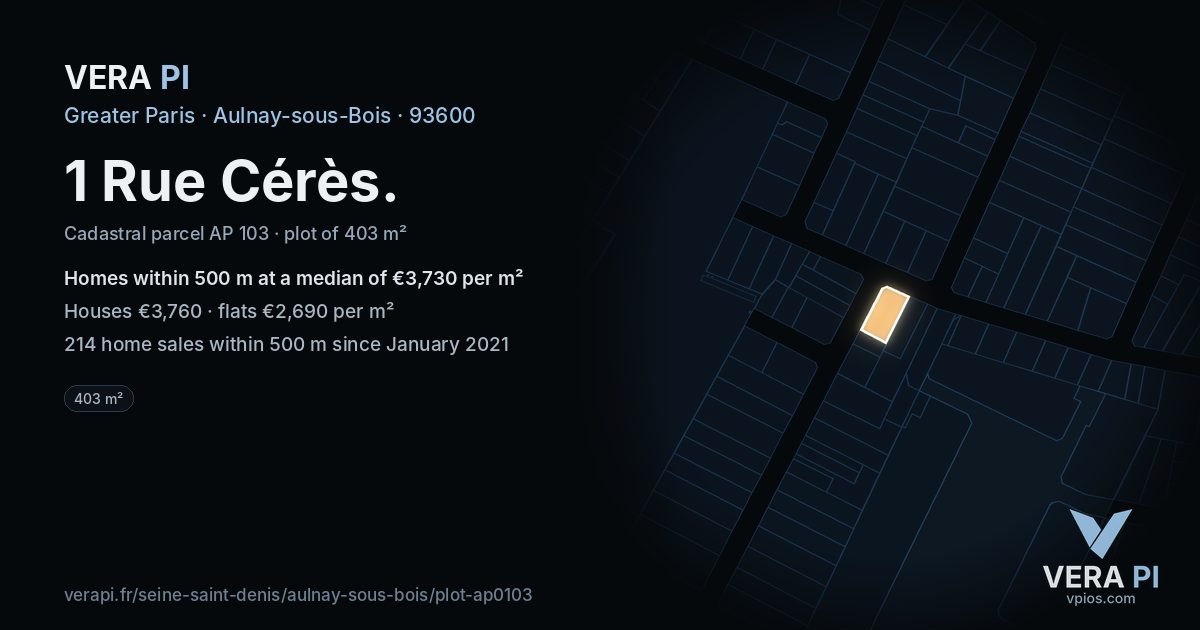 1 Rue Cérès, Aulnay-sous-Bois at night – the plot lit, the parcels around coloured by the prices near them