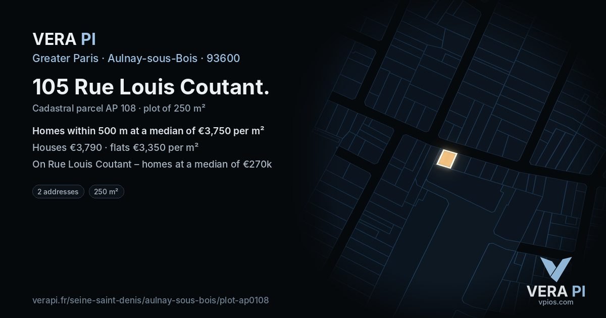 105 Rue Louis Coutant, Aulnay-sous-Bois at night – the plot lit, the parcels around coloured by the prices near them