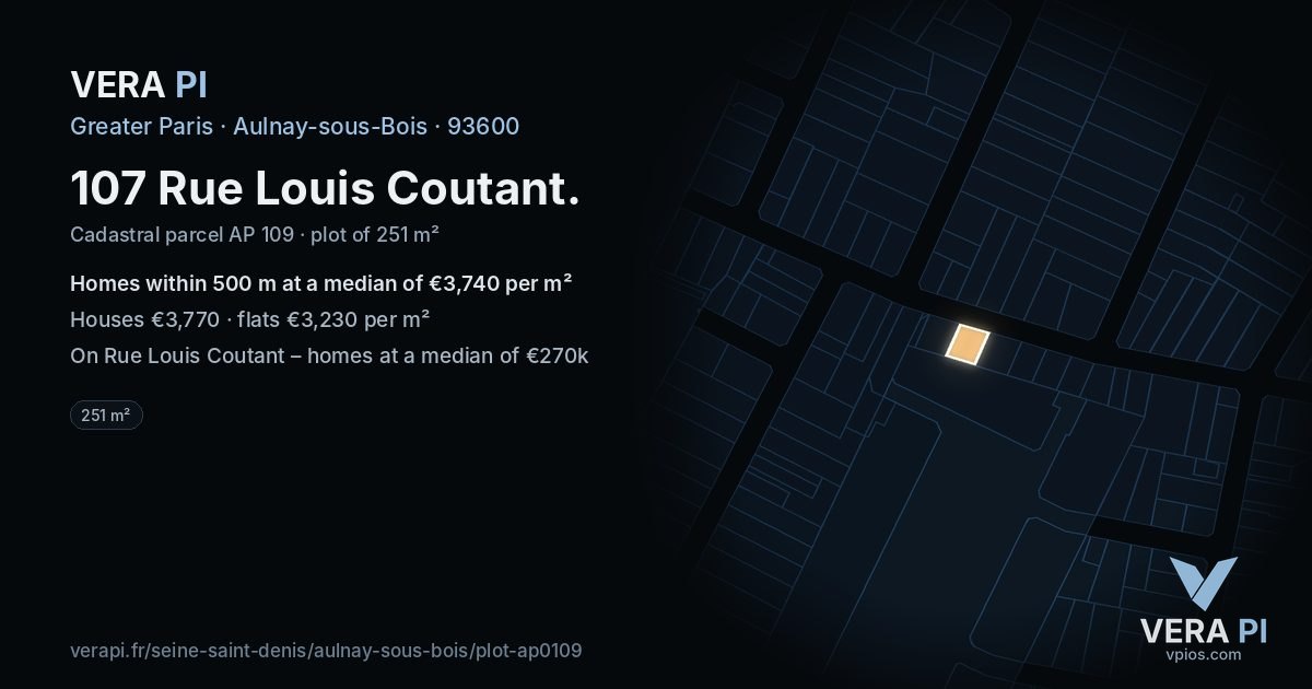 107 Rue Louis Coutant, Aulnay-sous-Bois at night – the plot lit, the parcels around coloured by the prices near them