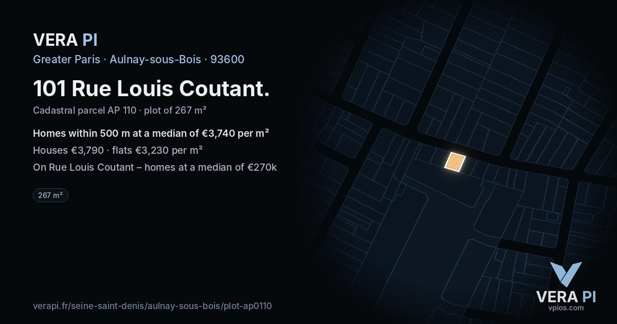 101 Rue Louis Coutant, Aulnay-sous-Bois at night – the plot lit, the parcels around coloured by the prices near them