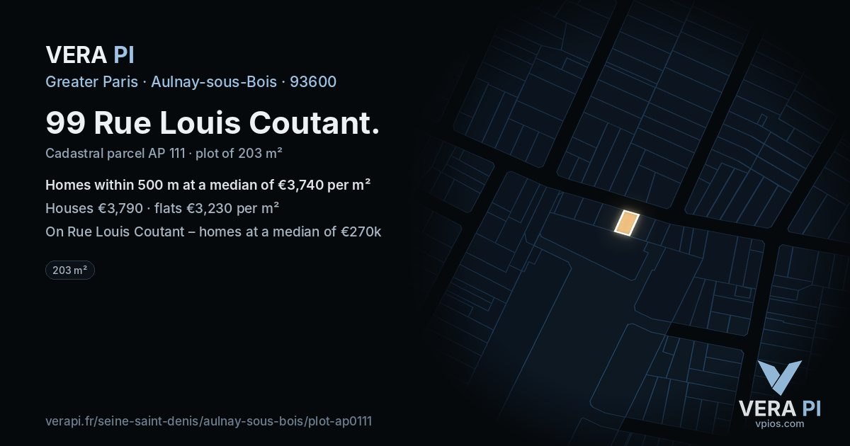 99 Rue Louis Coutant, Aulnay-sous-Bois at night – the plot lit, the parcels around coloured by the prices near them