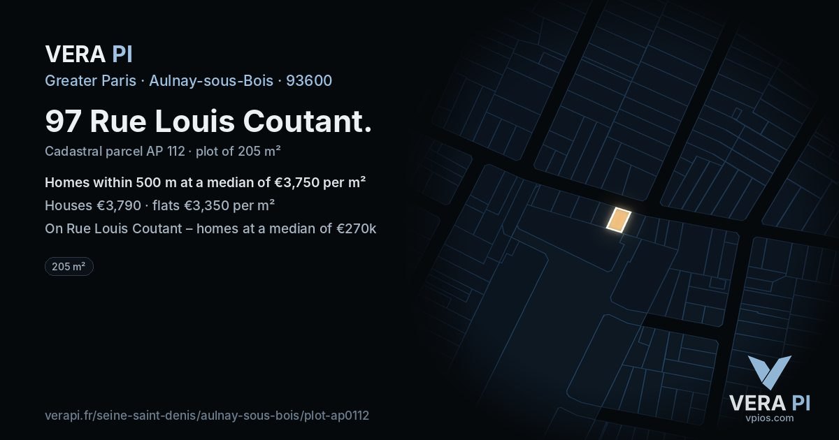 97 Rue Louis Coutant, Aulnay-sous-Bois at night – the plot lit, the parcels around coloured by the prices near them