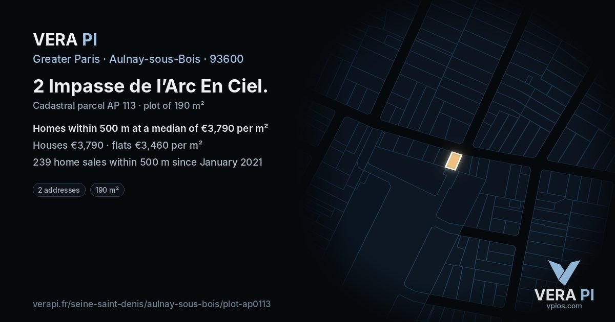 2 Impasse de l’Arc En Ciel, Aulnay-sous-Bois at night – the plot lit, the parcels around coloured by the prices near them