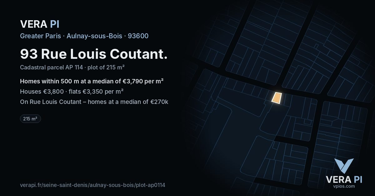 93 Rue Louis Coutant, Aulnay-sous-Bois at night – the plot lit, the parcels around coloured by the prices near them