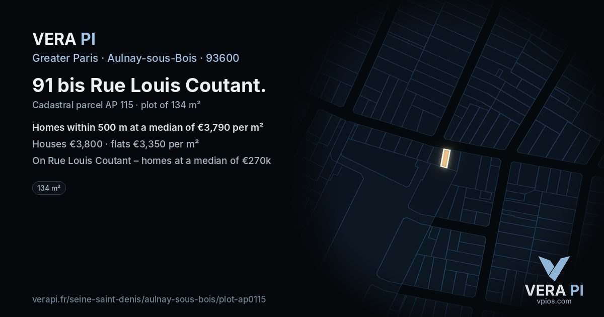 91 bis Rue Louis Coutant, Aulnay-sous-Bois at night – the plot lit, the parcels around coloured by the prices near them