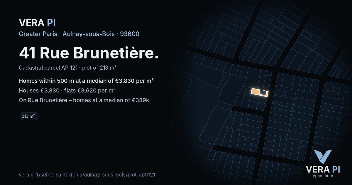 41 Rue Brunetière, Aulnay-sous-Bois at night – the plot lit, the parcels around coloured by the prices near them