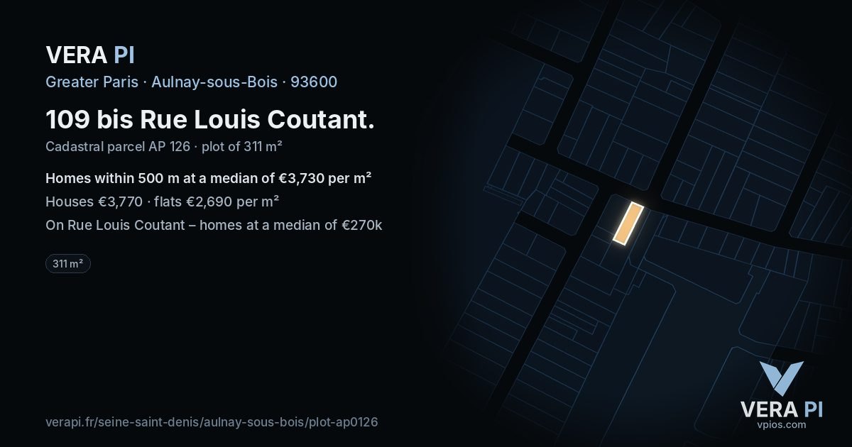 109 bis Rue Louis Coutant, Aulnay-sous-Bois at night – the plot lit, the parcels around coloured by the prices near them