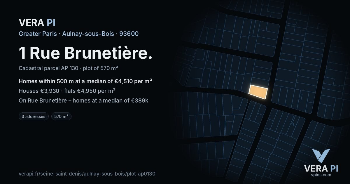 1 Rue Brunetière, Aulnay-sous-Bois at night – the plot lit, the parcels around coloured by the prices near them
