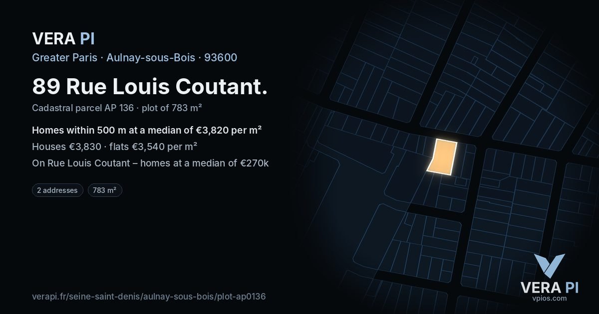 89 Rue Louis Coutant, Aulnay-sous-Bois at night – the plot lit, the parcels around coloured by the prices near them