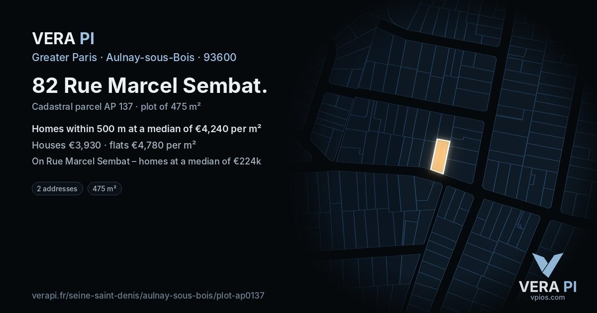 82 Rue Marcel Sembat, Aulnay-sous-Bois at night – the plot lit, the parcels around coloured by the prices near them