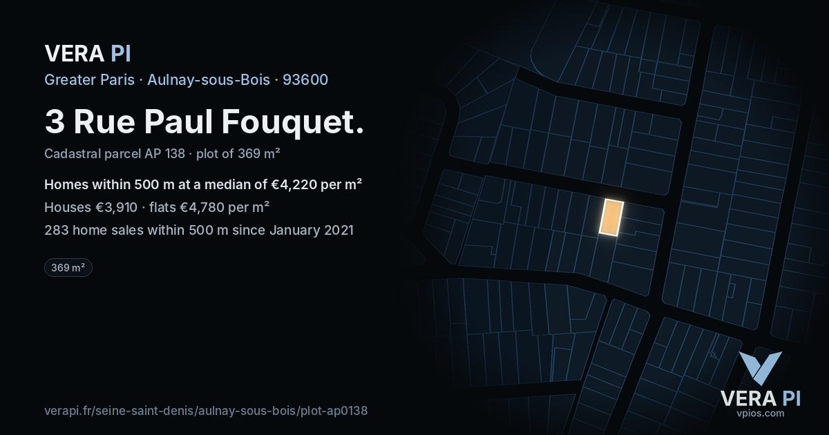 3 Rue Paul Fouquet, Aulnay-sous-Bois at night – the plot lit, the parcels around coloured by the prices near them