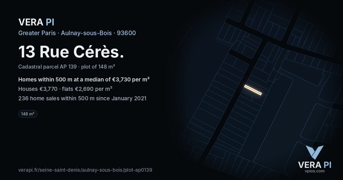 13 Rue Cérès, Aulnay-sous-Bois at night – the plot lit, the parcels around coloured by the prices near them