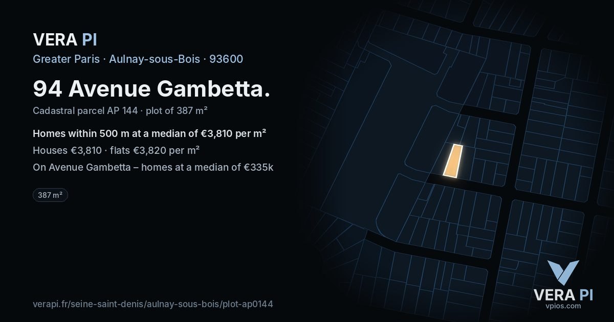 94 Avenue Gambetta, Aulnay-sous-Bois at night – the plot lit, the parcels around coloured by the prices near them