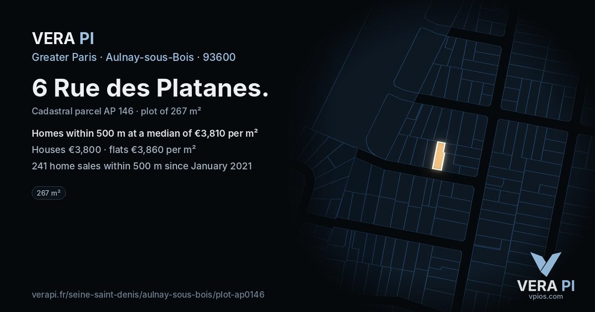 6 Rue des Platanes, Aulnay-sous-Bois at night – the plot lit, the parcels around coloured by the prices near them