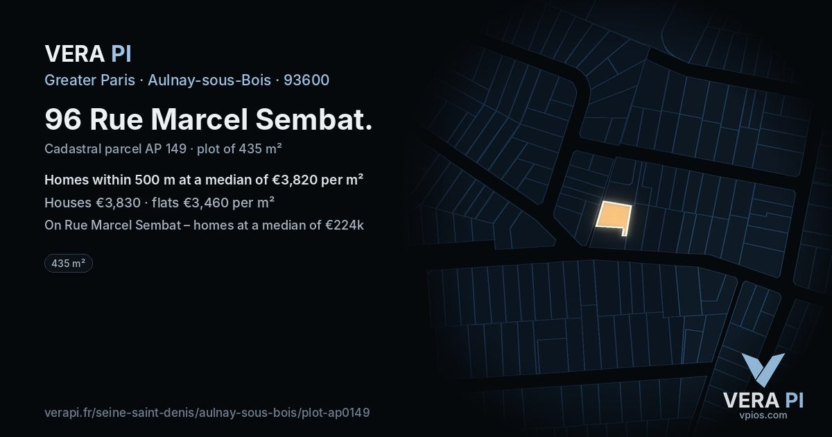 96 Rue Marcel Sembat, Aulnay-sous-Bois at night – the plot lit, the parcels around coloured by the prices near them