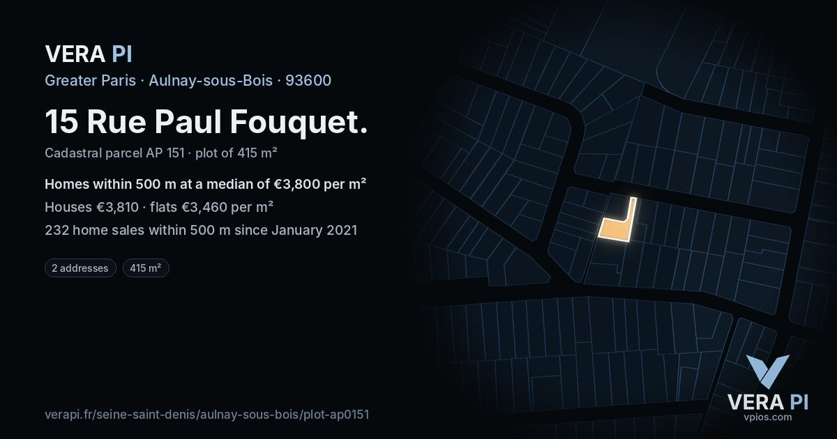15 Rue Paul Fouquet, Aulnay-sous-Bois at night – the plot lit, the parcels around coloured by the prices near them