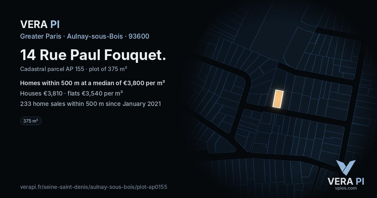 14 Rue Paul Fouquet, Aulnay-sous-Bois at night – the plot lit, the parcels around coloured by the prices near them