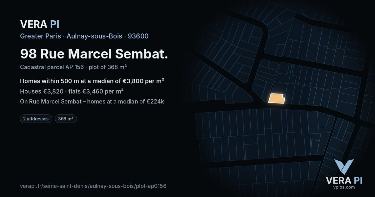 98 Rue Marcel Sembat, Aulnay-sous-Bois at night – the plot lit, the parcels around coloured by the prices near them