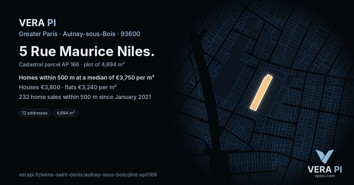 5 Rue Maurice Niles, Aulnay-sous-Bois at night – the plot lit, the parcels around coloured by the prices near them