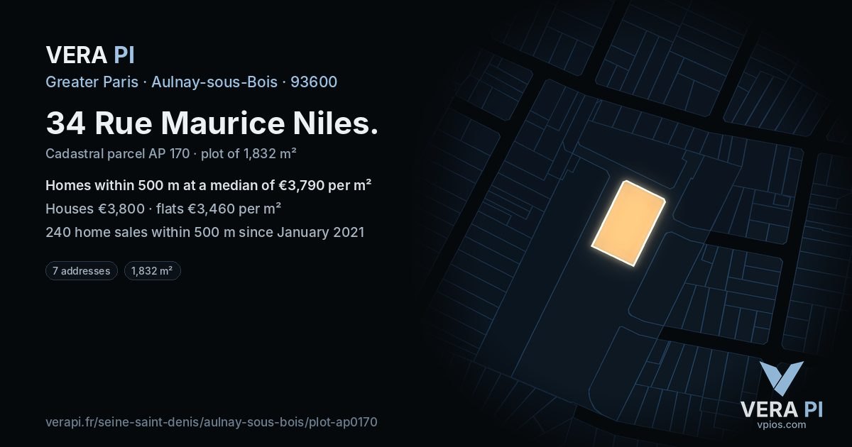 34 Rue Maurice Niles, Aulnay-sous-Bois at night – the plot lit, the parcels around coloured by the prices near them