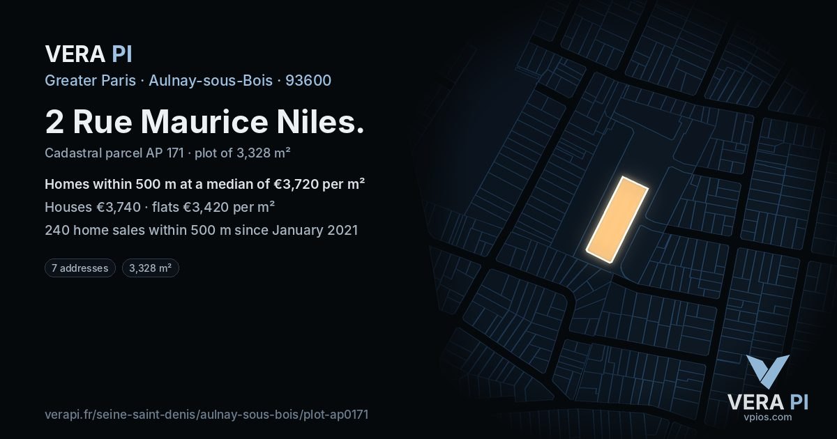 2 Rue Maurice Niles, Aulnay-sous-Bois at night – the plot lit, the parcels around coloured by the prices near them