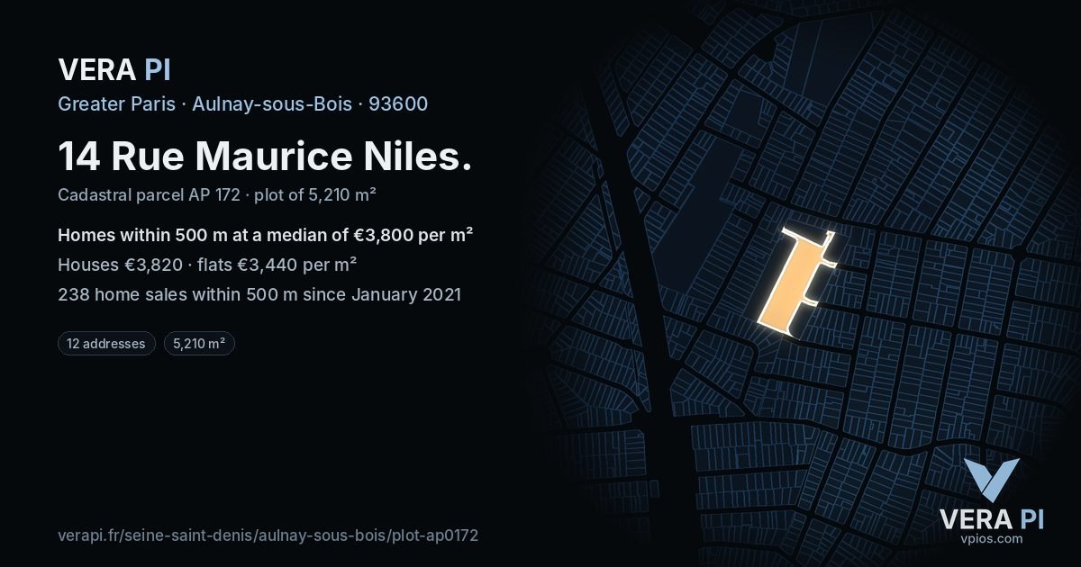 14 Rue Maurice Niles, Aulnay-sous-Bois at night – the plot lit, the parcels around coloured by the prices near them