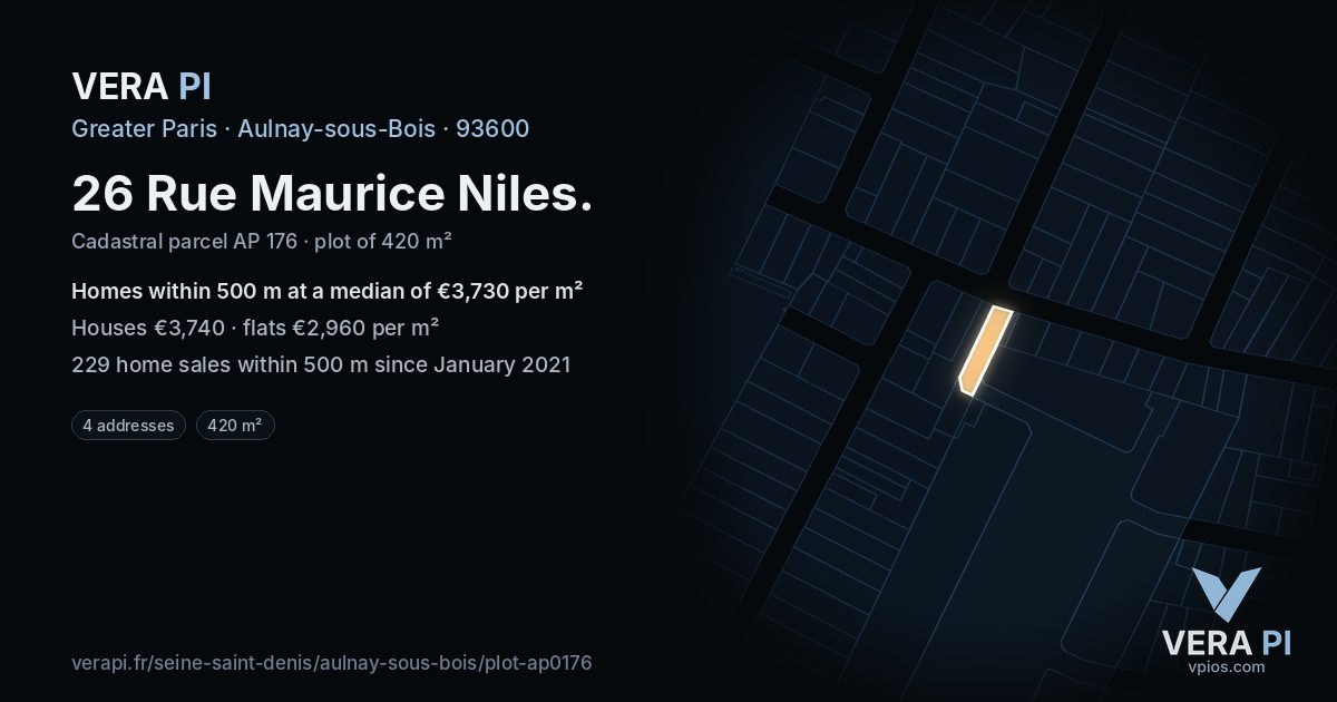 26 Rue Maurice Niles, Aulnay-sous-Bois at night – the plot lit, the parcels around coloured by the prices near them