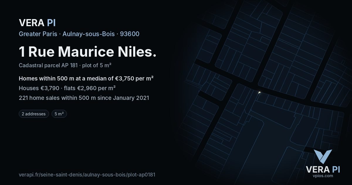 1 Rue Maurice Niles, Aulnay-sous-Bois at night – the plot lit, the parcels around coloured by the prices near them