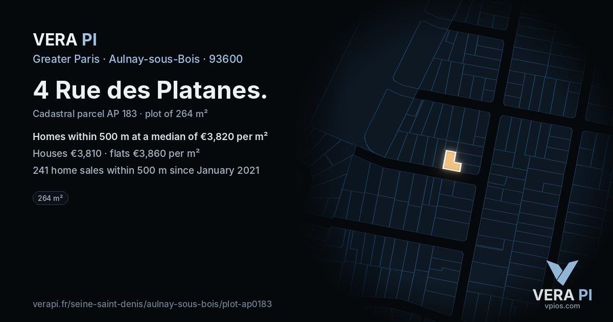 4 Rue des Platanes, Aulnay-sous-Bois at night – the plot lit, the parcels around coloured by the prices near them