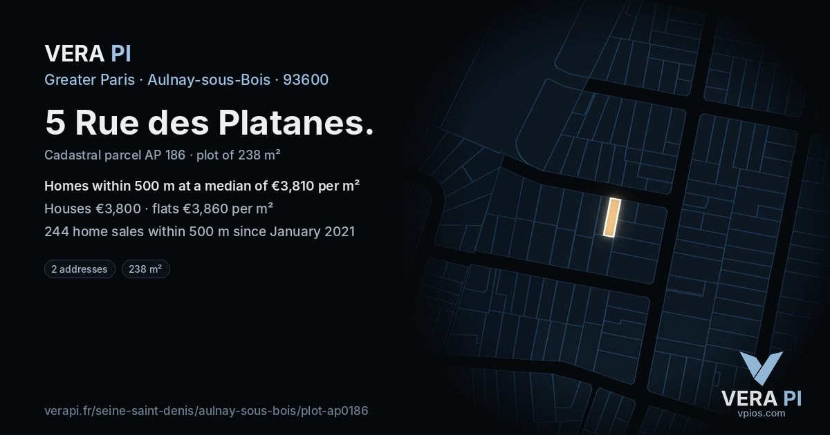 5 Rue des Platanes, Aulnay-sous-Bois at night – the plot lit, the parcels around coloured by the prices near them