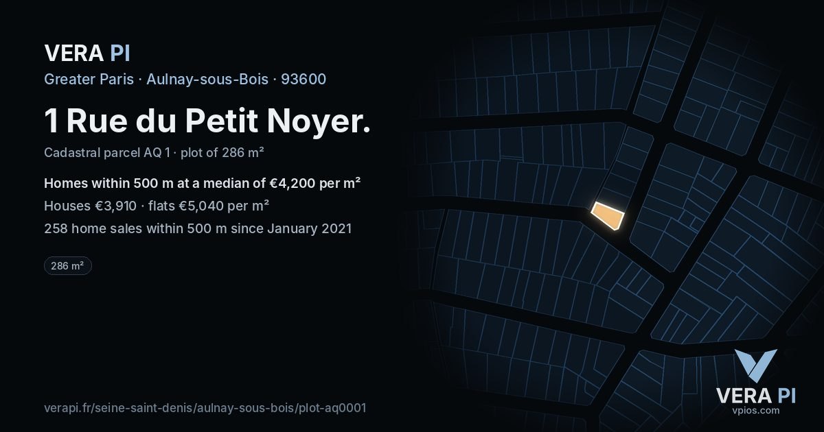 1 Rue du Petit Noyer, Aulnay-sous-Bois at night – the plot lit, the parcels around coloured by the prices near them