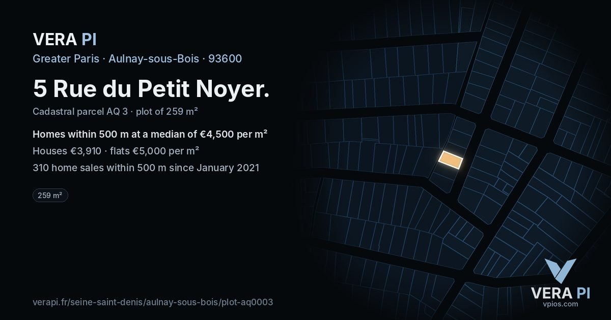5 Rue du Petit Noyer, Aulnay-sous-Bois at night – the plot lit, the parcels around coloured by the prices near them