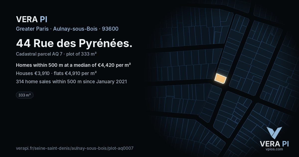 44 Rue des Pyrénées, Aulnay-sous-Bois at night – the plot lit, the parcels around coloured by the prices near them