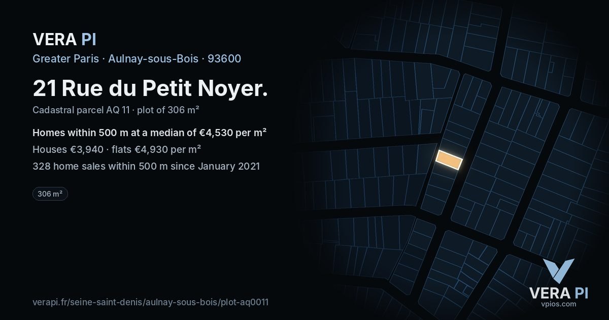 21 Rue du Petit Noyer, Aulnay-sous-Bois at night – the plot lit, the parcels around coloured by the prices near them