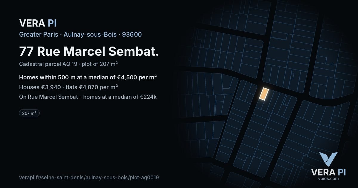 77 Rue Marcel Sembat, Aulnay-sous-Bois at night – the plot lit, the parcels around coloured by the prices near them