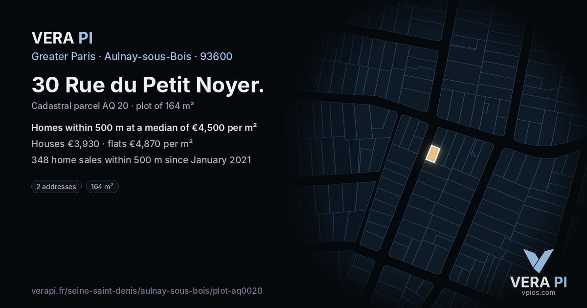 30 Rue du Petit Noyer, Aulnay-sous-Bois at night – the plot lit, the parcels around coloured by the prices near them