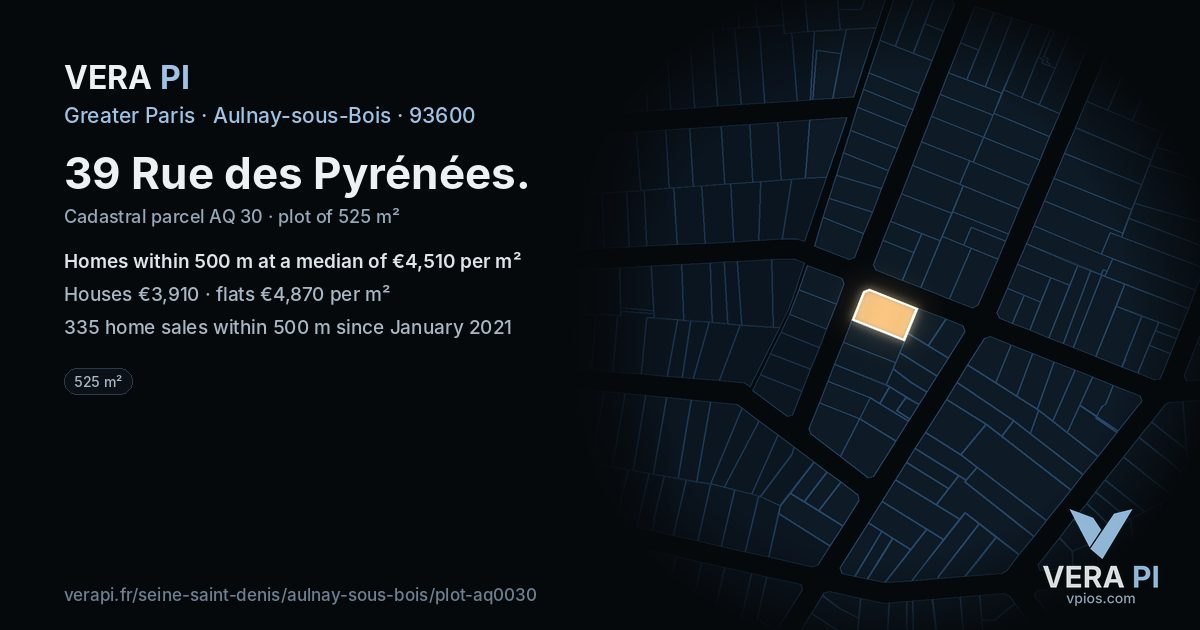 39 Rue des Pyrénées, Aulnay-sous-Bois at night – the plot lit, the parcels around coloured by the prices near them