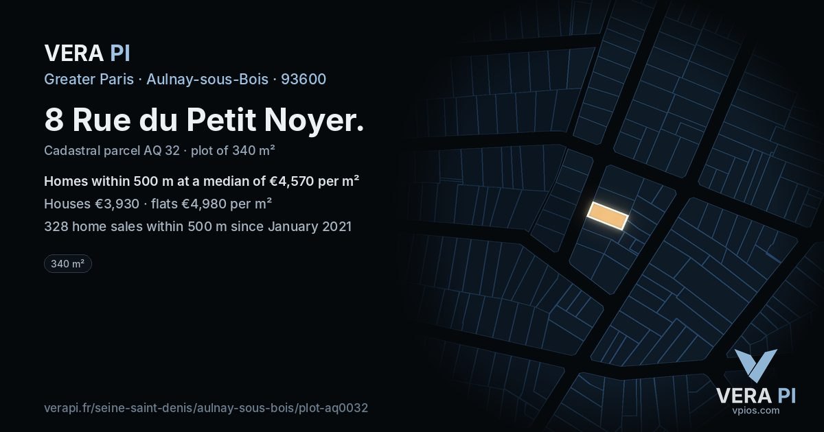 8 Rue du Petit Noyer, Aulnay-sous-Bois at night – the plot lit, the parcels around coloured by the prices near them