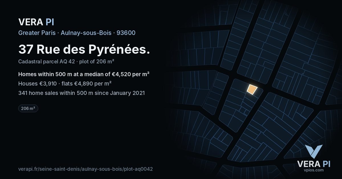 37 Rue des Pyrénées, Aulnay-sous-Bois at night – the plot lit, the parcels around coloured by the prices near them