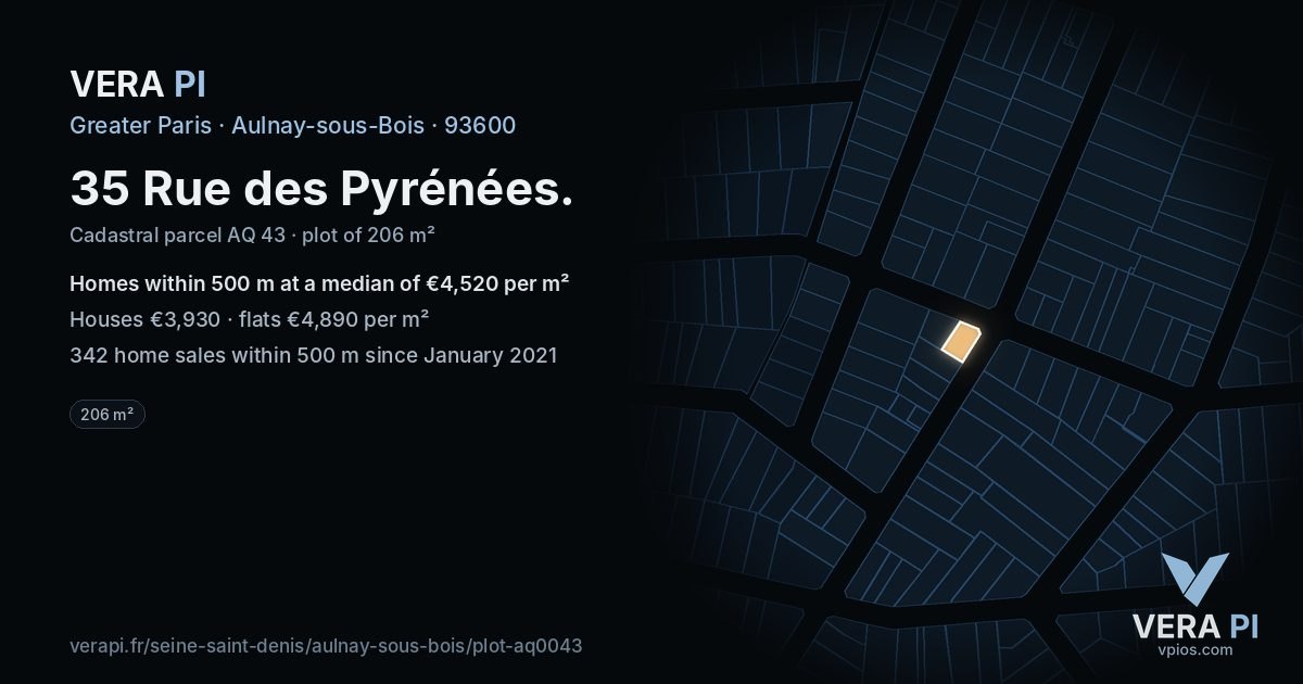 35 Rue des Pyrénées, Aulnay-sous-Bois at night – the plot lit, the parcels around coloured by the prices near them