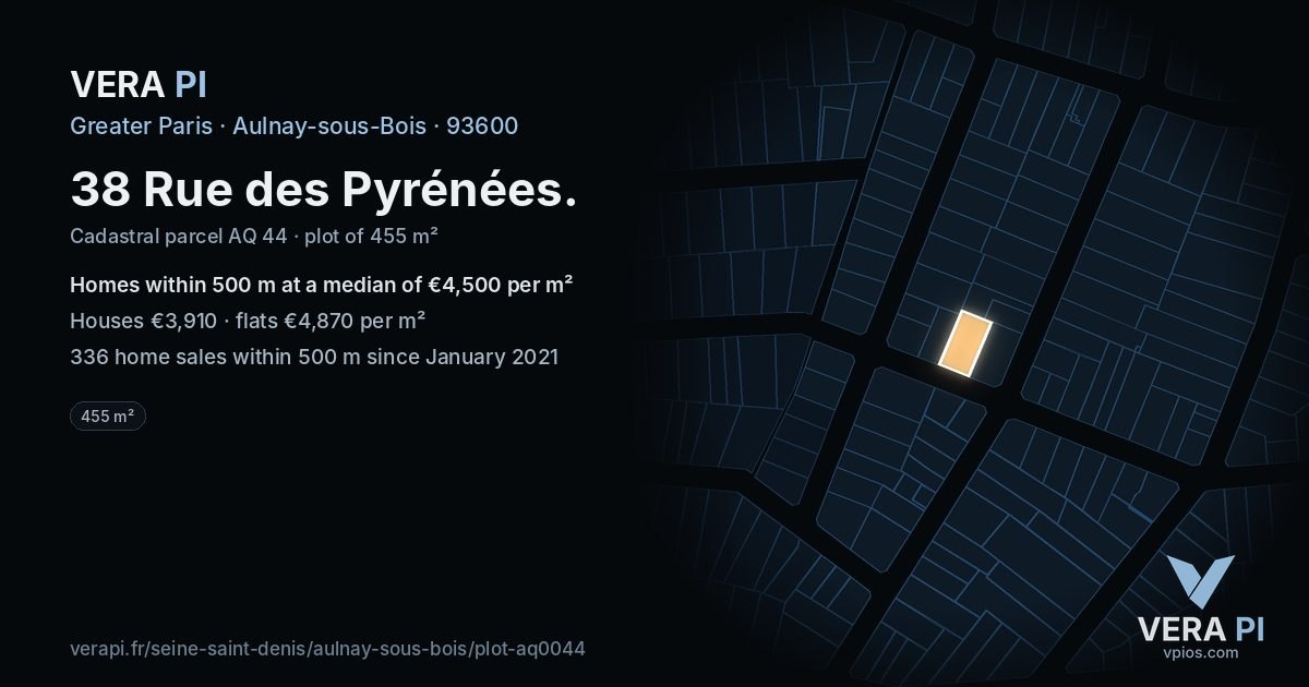 38 Rue des Pyrénées, Aulnay-sous-Bois at night – the plot lit, the parcels around coloured by the prices near them