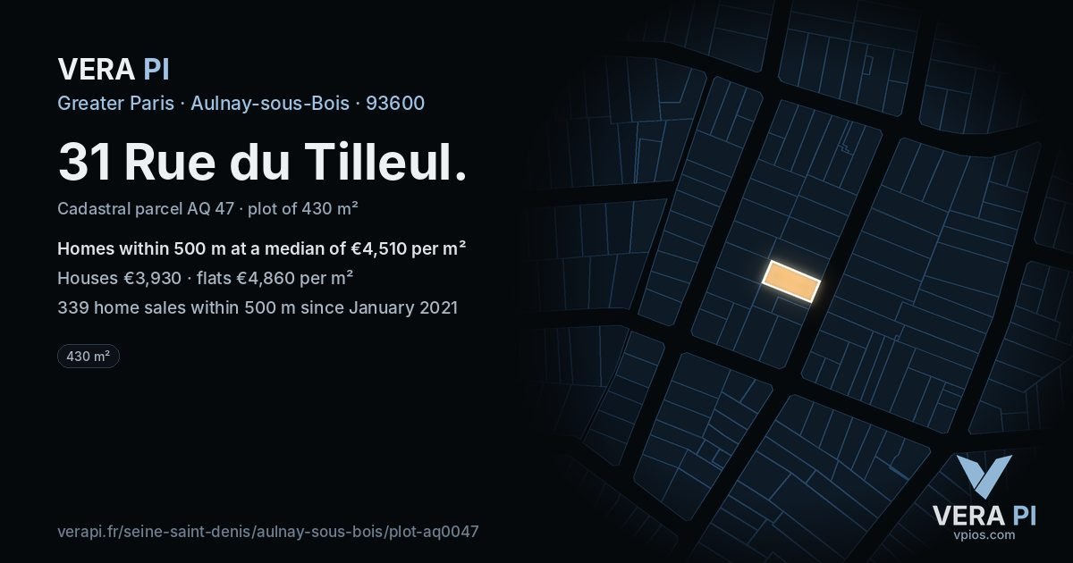 31 Rue du Tilleul, Aulnay-sous-Bois at night – the plot lit, the parcels around coloured by the prices near them