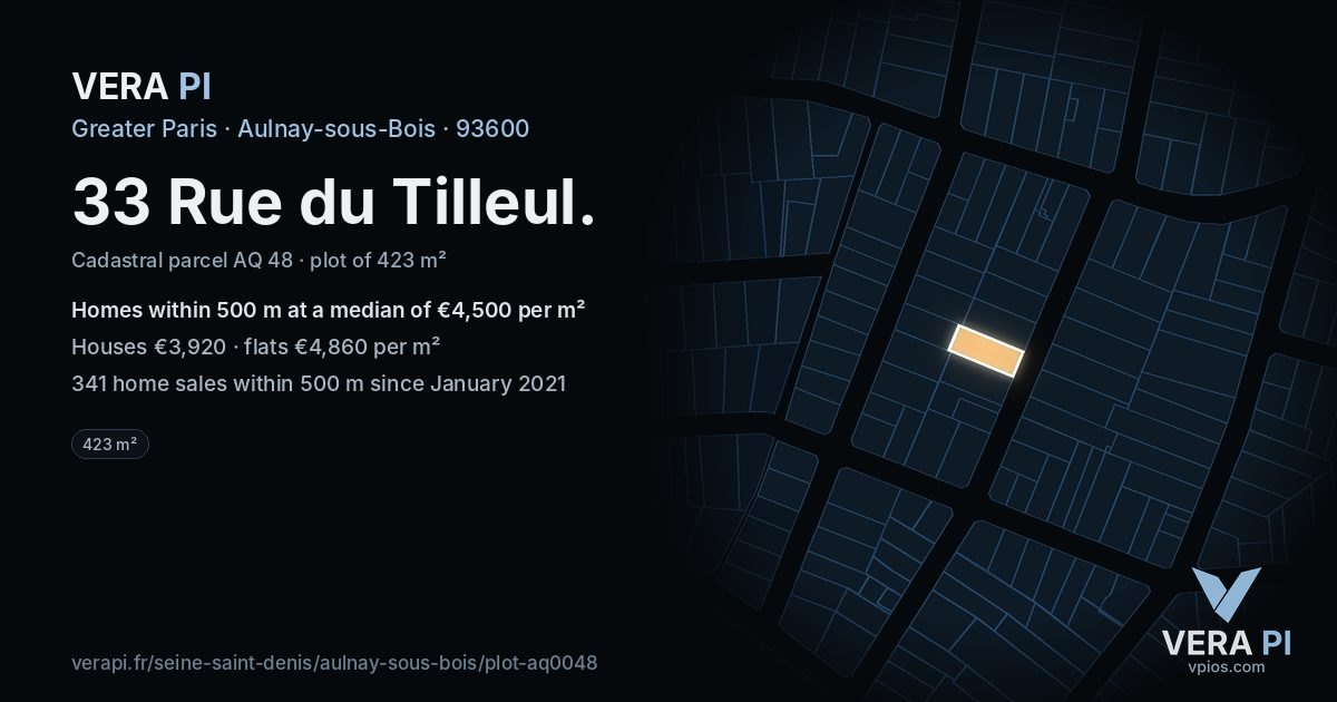 33 Rue du Tilleul, Aulnay-sous-Bois at night – the plot lit, the parcels around coloured by the prices near them