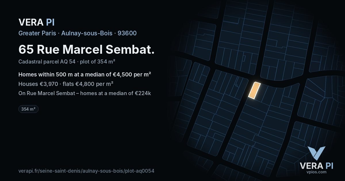 65 Rue Marcel Sembat, Aulnay-sous-Bois at night – the plot lit, the parcels around coloured by the prices near them