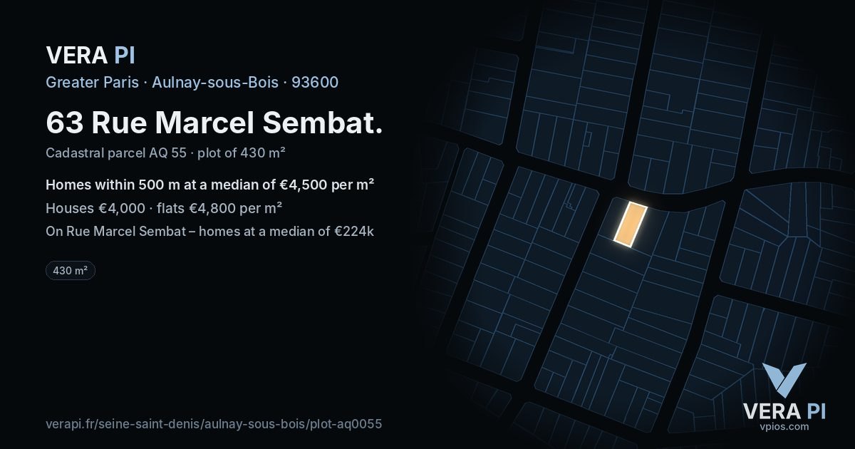63 Rue Marcel Sembat, Aulnay-sous-Bois at night – the plot lit, the parcels around coloured by the prices near them