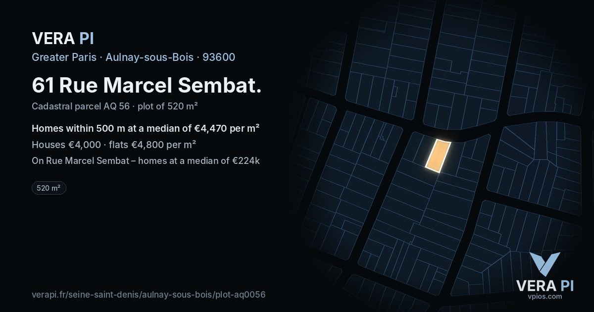 61 Rue Marcel Sembat, Aulnay-sous-Bois at night – the plot lit, the parcels around coloured by the prices near them