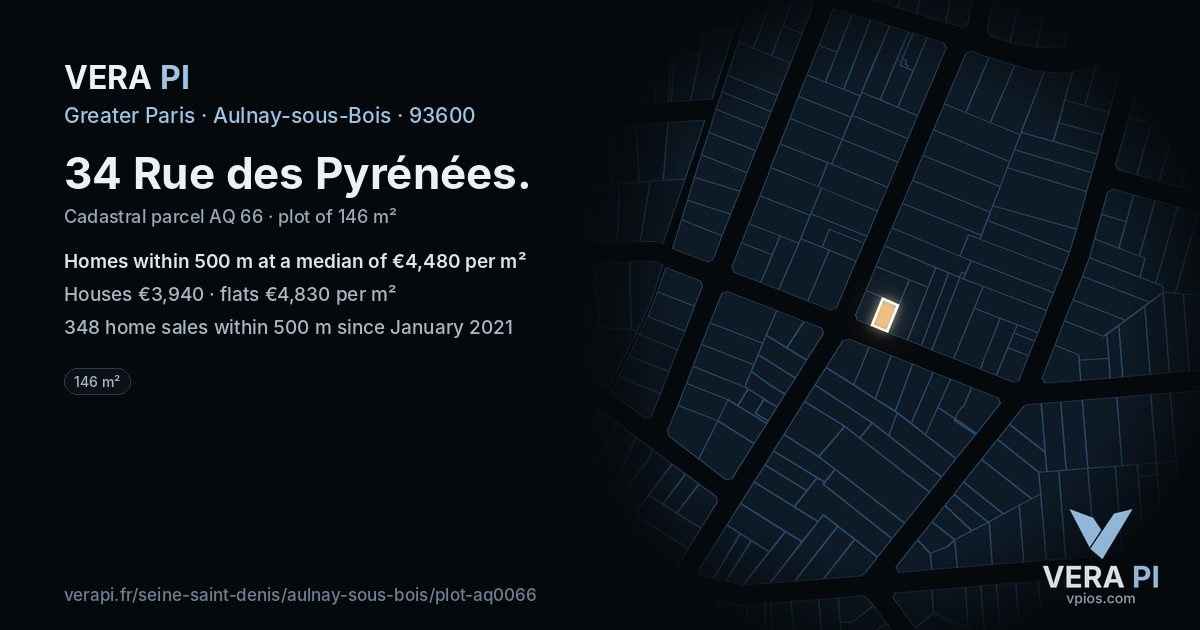 34 Rue des Pyrénées, Aulnay-sous-Bois at night – the plot lit, the parcels around coloured by the prices near them